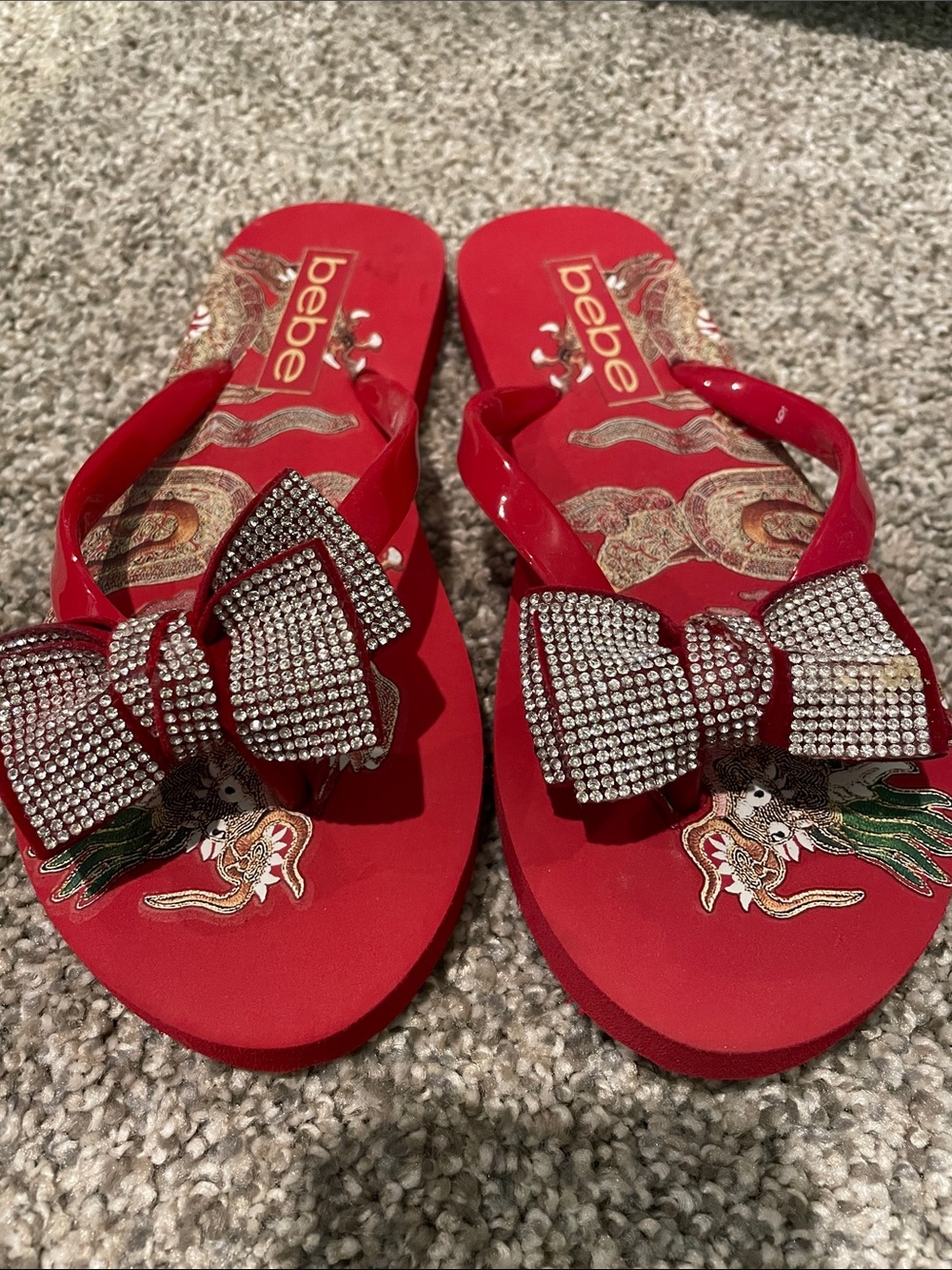 bebe Red Jeweled Bow Flip Sandals